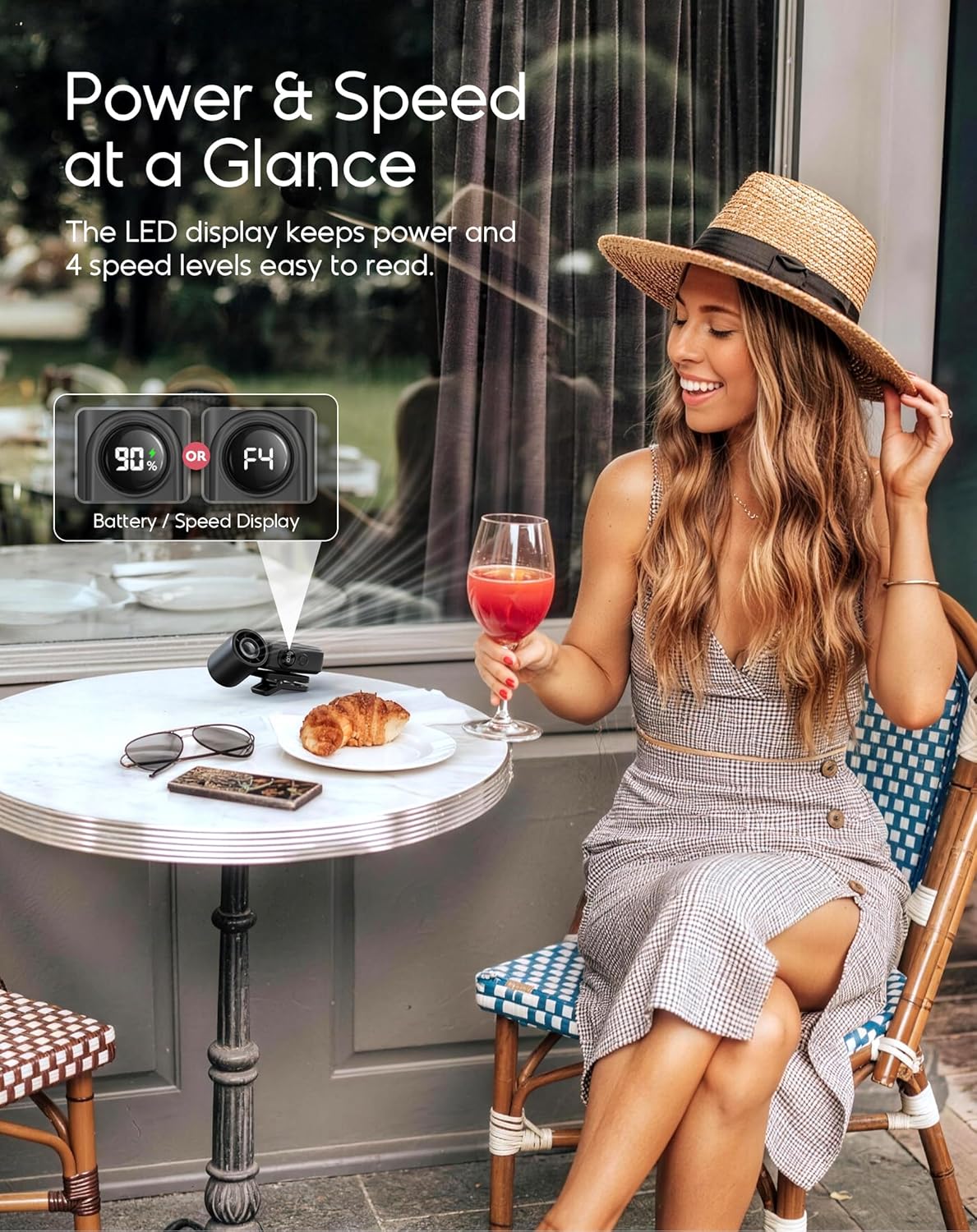 Portable Clip-On Mini Fan, Hands-Free, Turbo Personal Handheld Fans Rechargeable w/ 4 Wind & LED Display, Pocket Size Summer Cooling Essentials for Travel/Eye Lash/Beach/Concert, Gifts for Women(Pink)