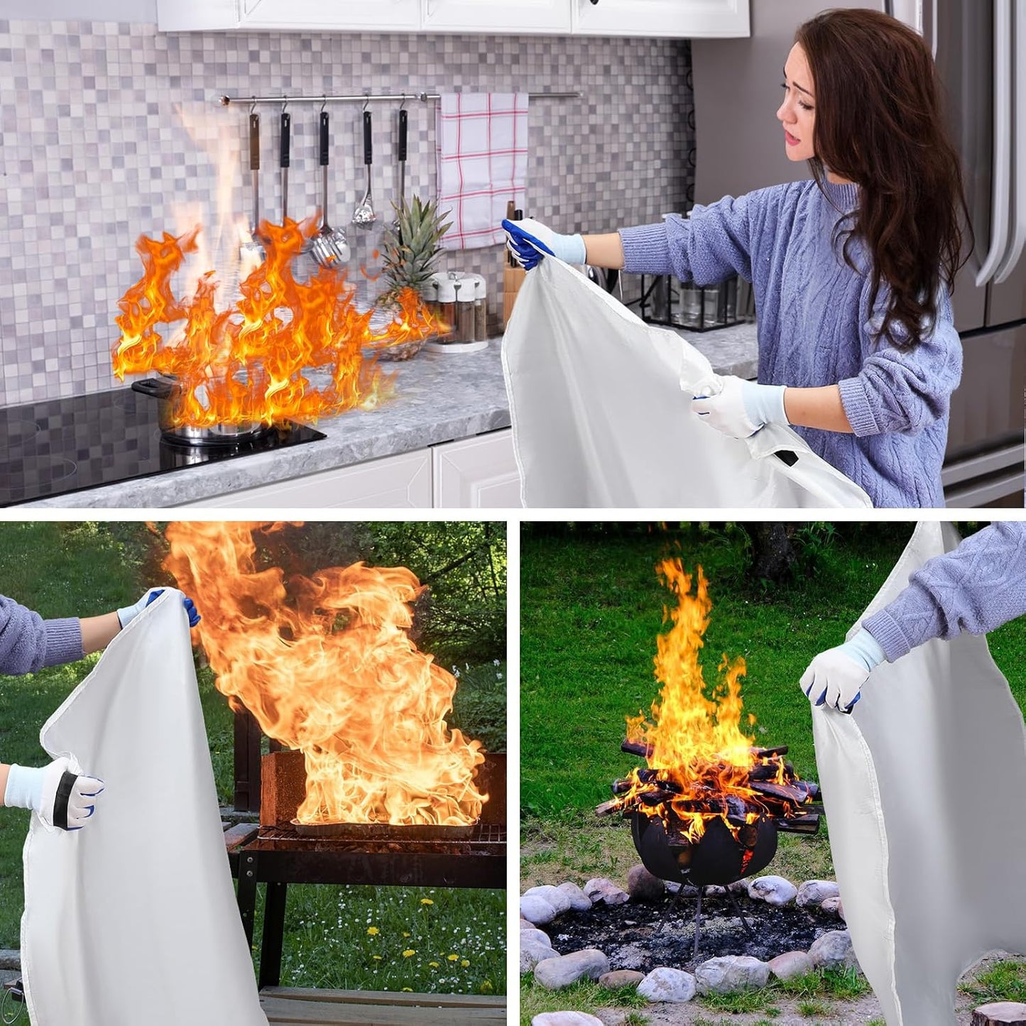 Copkim 4 Pack Fire Blankets for Home and Kitchen 47''x47'' Emergency Fire Blanket for Fiberglass Fire Suppression Blanket with Hook Gloves Whistles Fire Safety Blanket for Car Camping Grill Office BBQ