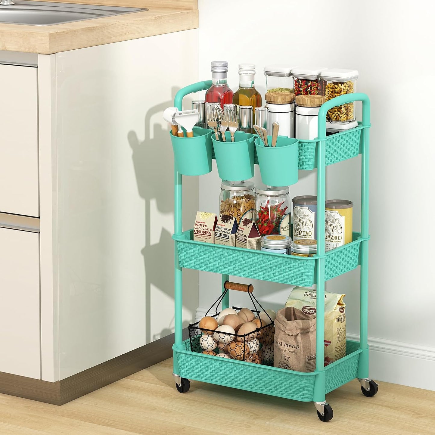 MOYIPIN 3-Tier Plastic Rolling Utility Cart with Handle,Utility Storage Cart for Office, Living Room, Kitchen,Movable Storage Organizer Shelves,White