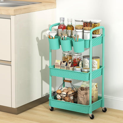 MOYIPIN 3-Tier Plastic Rolling Utility Cart with Handle,Utility Storage Cart for Office, Living Room, Kitchen,Movable Storage Organizer Shelves,White
