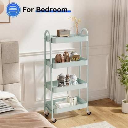 NEWBULIG 3-Tier Rolling Storage Cart, Metal Mobile Utility Organizer Shelf with Lockable Wheels, Space-Saving Freestanding Storage for Bathroom Living Room and Narrow Corner Spaces, Green