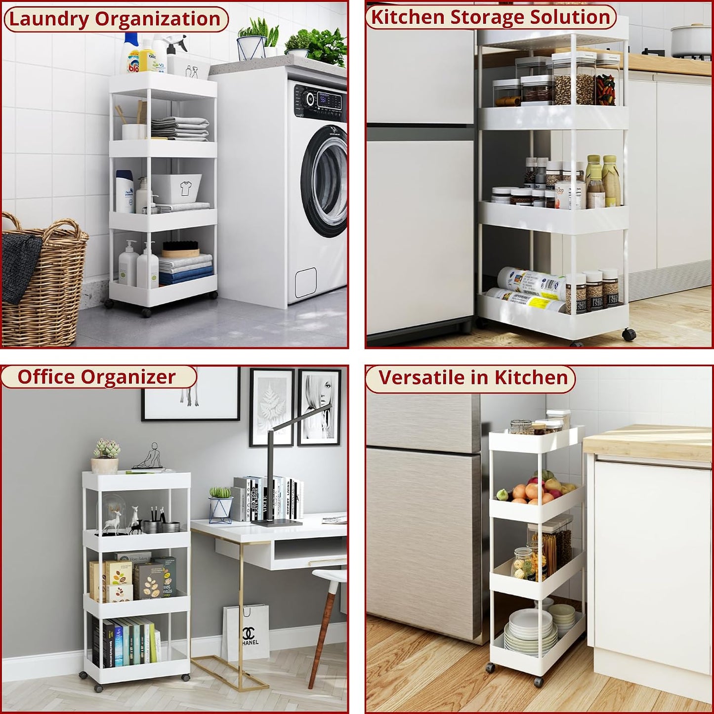Slim Storage Cart with Wheels Lockable, 4 Tier Narrow Rolling Cart, Hooks and Basket, Multi Cart Organizer for Kitchen Bathroom Laundry Bedroom Office