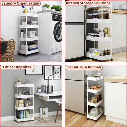 Slim Storage Cart with Wheels Lockable, 4 Tier Narrow Rolling Cart, Hooks and Basket, Multi Cart Organizer for Kitchen Bathroom Laundry Bedroom Office