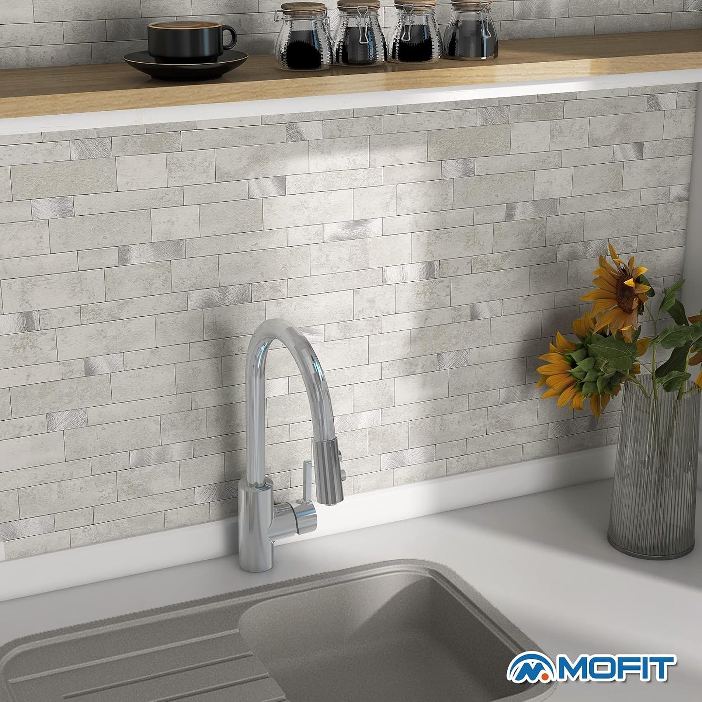 MOFIT Backsplash Tile for Kitchen Peel and Stick Stone Matte Finish,Bathroom Tiles Stickers 3D Wall Panel Linear Mosaic Marble Backsplash Waterproof(10sheets,Blue Green Gray)