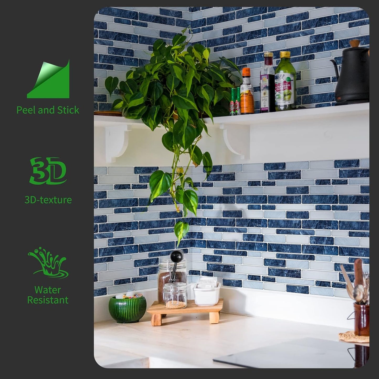 LONGKING Self-Adhesive Kitchen Backsplash, Marble Look Decorative Tiles (10 Tiles)