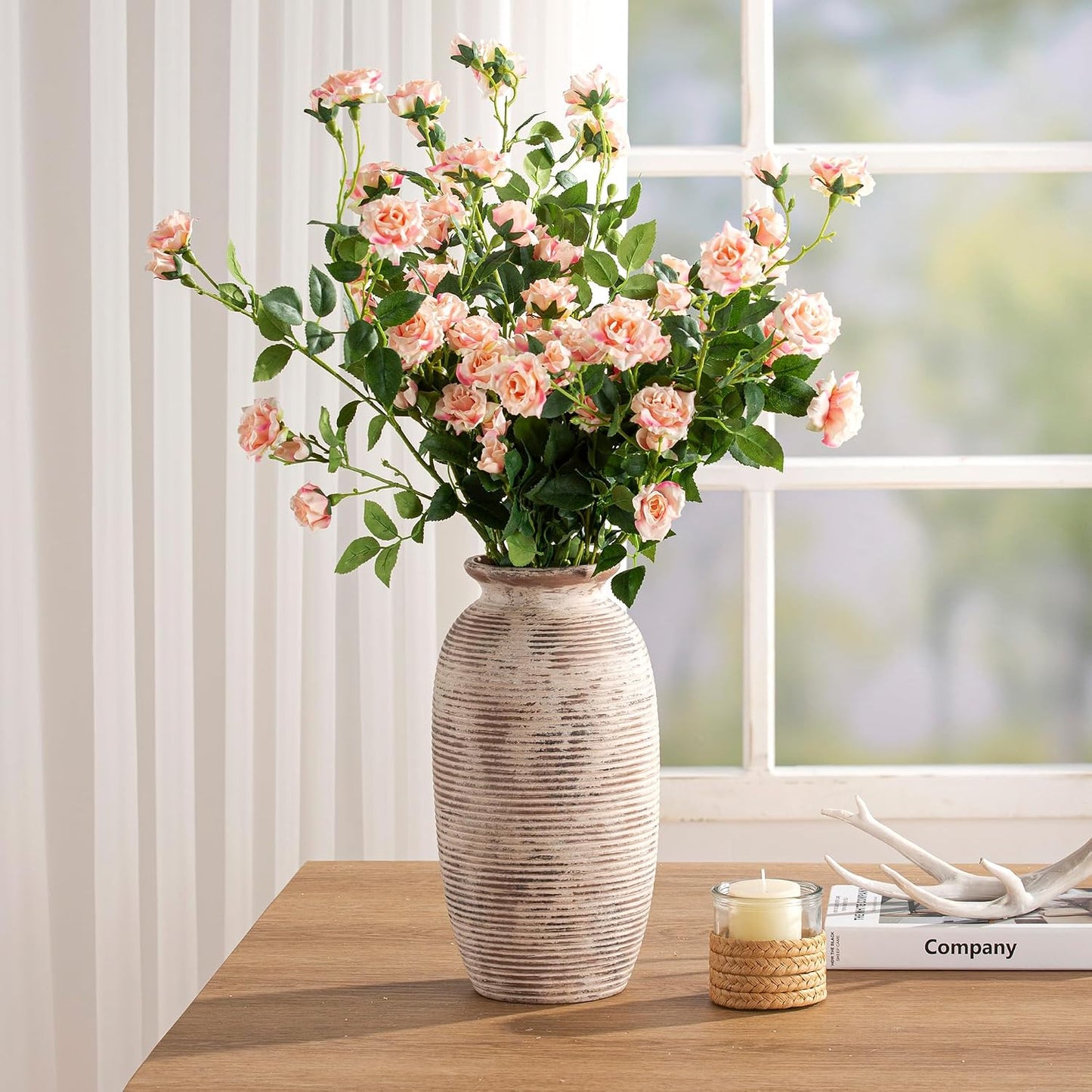 Ceramic Flower Vase, Small Rustic Farmhouse Vases Home Decor, Short Pottery Decorative Pampas Vase for Table Living Room Entryway Mantel Bookshelf Bedroom Bathroom Kitchen - 6" W
