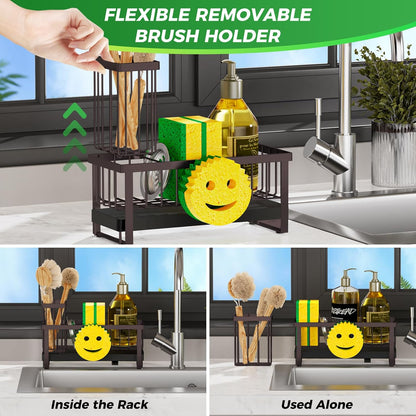 Sponge Holder for Kitchen Sink,Smiley Face Sink Caddy with Removable Brush Holder,Self-Draining Sponge Caddy for Soap,Dish Brush,Scrubber,Kitchen Essentials and Gadgets-Silver