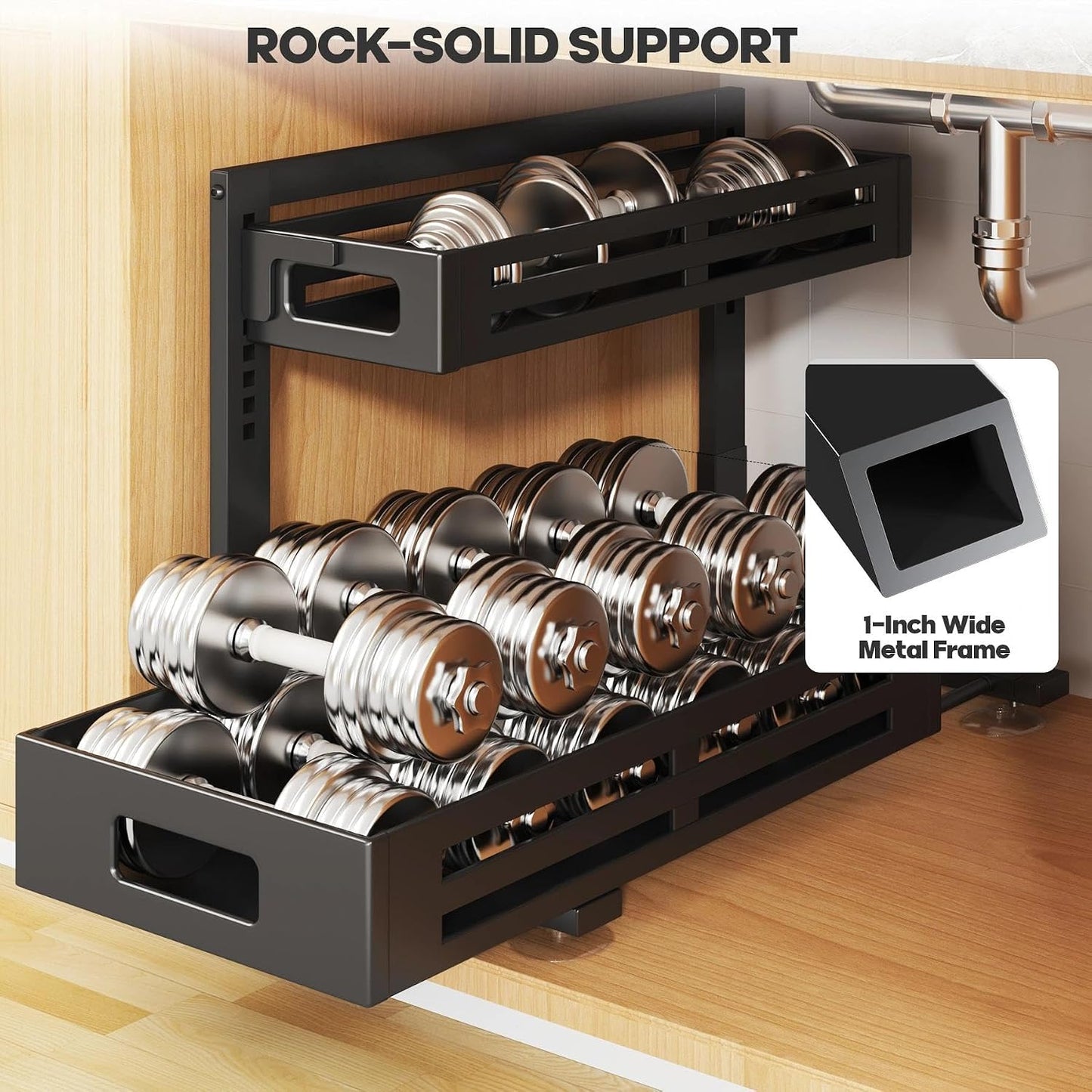 2 Pack Under Sink Organizer,Pull Out Cabinet Organizer with Smooth Cylindrical Rail,Metal Slide Out Drawer for Kitchen Bathroom Laundry Cabinet,8-Level Tool Free Height Adjustable-Black