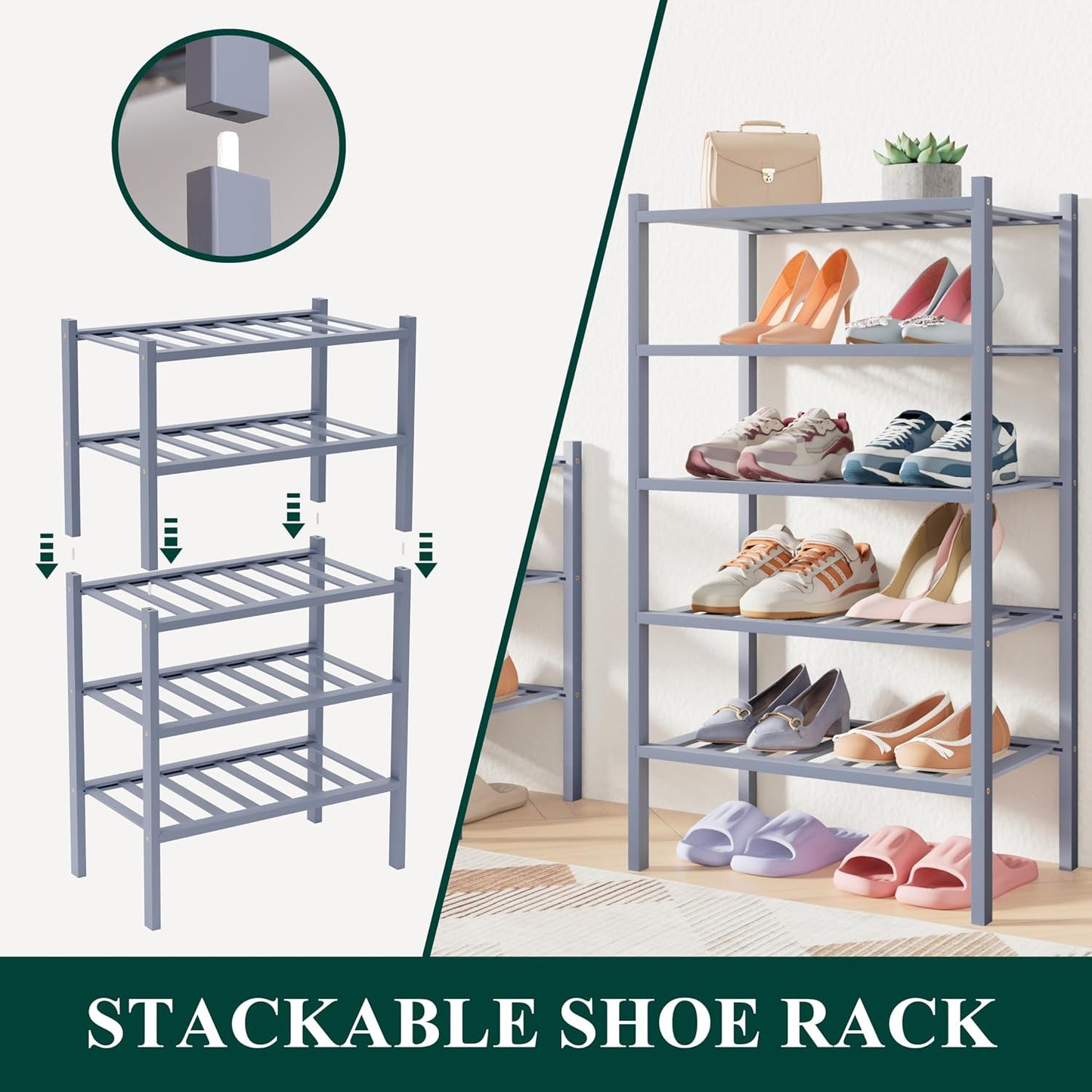 Smiry Bamboo Shoe Rack for Closet, 3 Tier Wooden Shoe Organizer, Stackable Wood Shoe Storage Shelf for Entryway, 14 Vertical Slats, One-piece Heavy-Duty Legs, 26.77"x11.02"x18.31", Natural