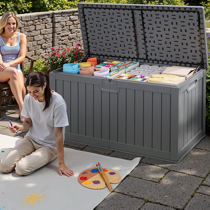JUMMICO 31 Gallon Resin Deck Box Waterproof Indoor Outdoor Storage Boxes for Patio Furniture Cushions and Garden Tools (Brown)