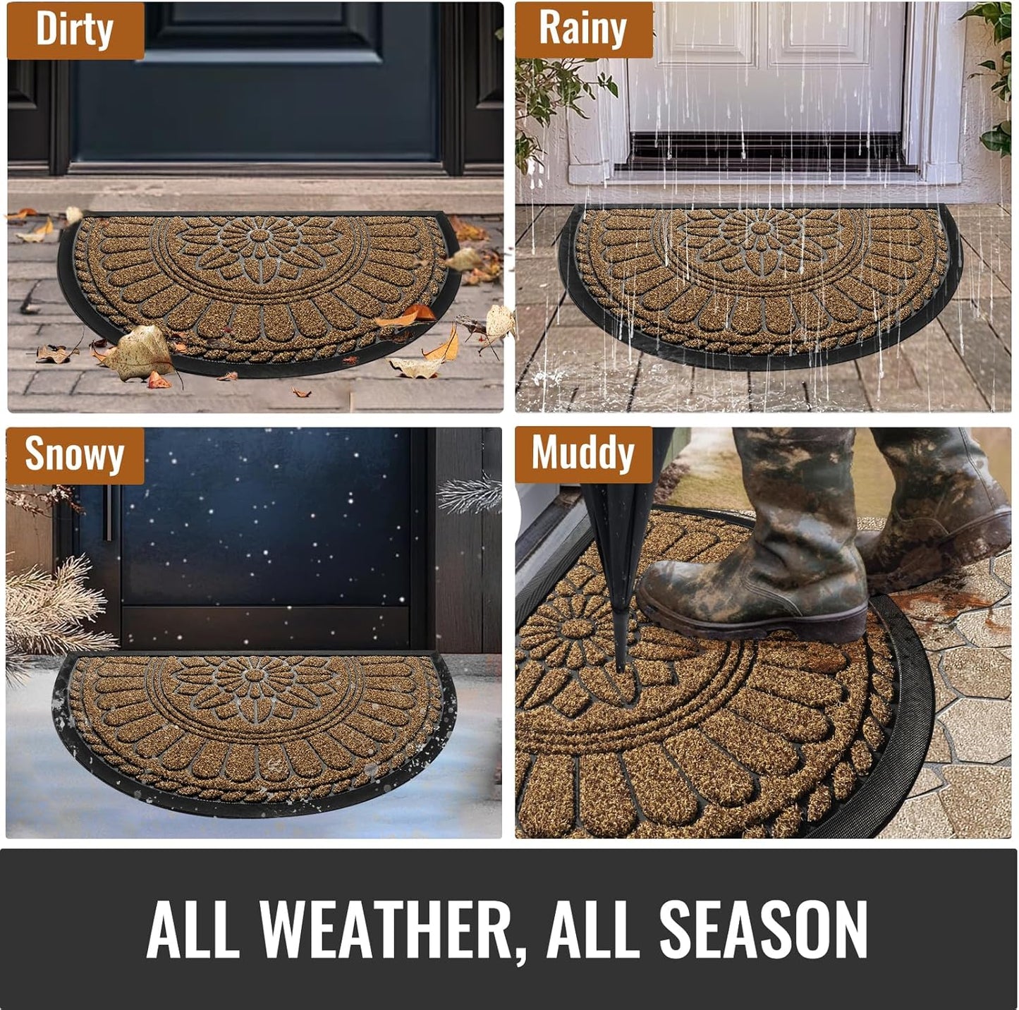 Mibao Front Door Mat Indoor Outdoor Entrance, Semicircular Entrance Mat, Half Round Waterproo Non-Slip Durable Rubber Door Mats, Low Profile Heavy Duty Doormat for Garage, Patio, 30" x 18", Yellow