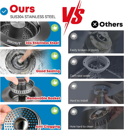 Upgraded 3 in 1 Kitchen Sink Drain Strainer - Stainless Steel Sink Stopper, Anti-Clogging Sink Food Catcher Basket, Fast Drainage Odor Filter Sink Plug for US Standard 3 1/2 inch Drain (Silver-1Pack)