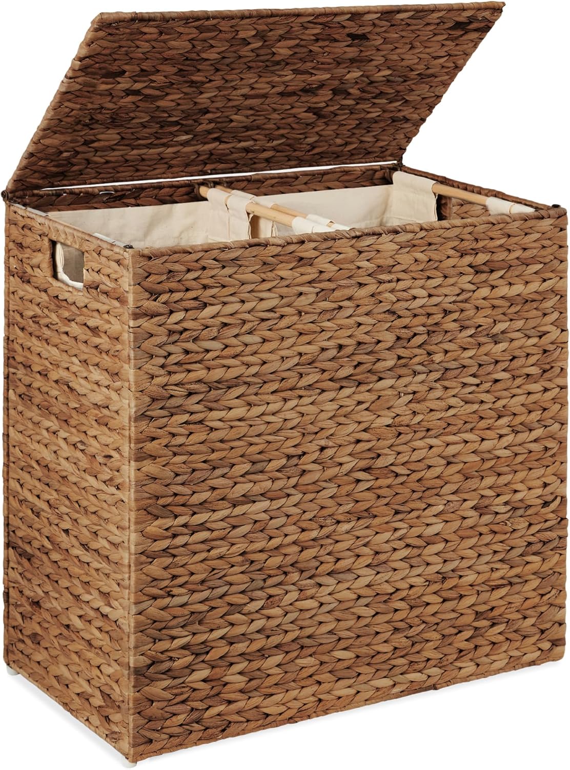 Best Choice Products Large Double Laundry Hamper with Lid, Natural Handwoven Water Hyacinth, 2 Sections w/ 2 Machine Washable Linen Liner Bags, Portable, Handles - Natural