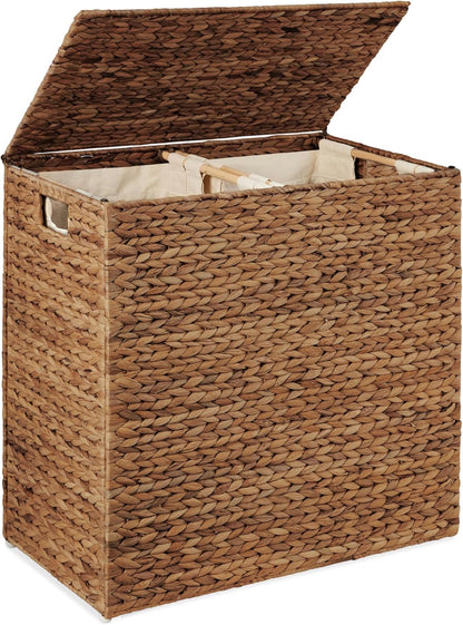 Best Choice Products Large Double Laundry Hamper with Lid, Natural Handwoven Water Hyacinth, 2 Sections w/ 2 Machine Washable Linen Liner Bags, Portable, Handles - Natural