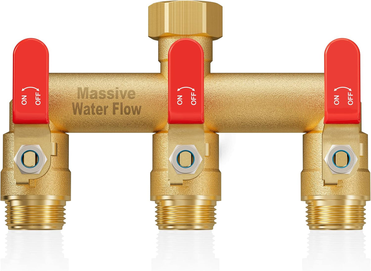 3 Way Hose Splitter, Heavy Duty Full Flow Garden Water Hose Bib Spigot Splitter, Brass Rust and Freeze Resistant Outdoor Faucet Splitter, T Adapter Connector with 3/4 - Inch GHT Thread （Green）