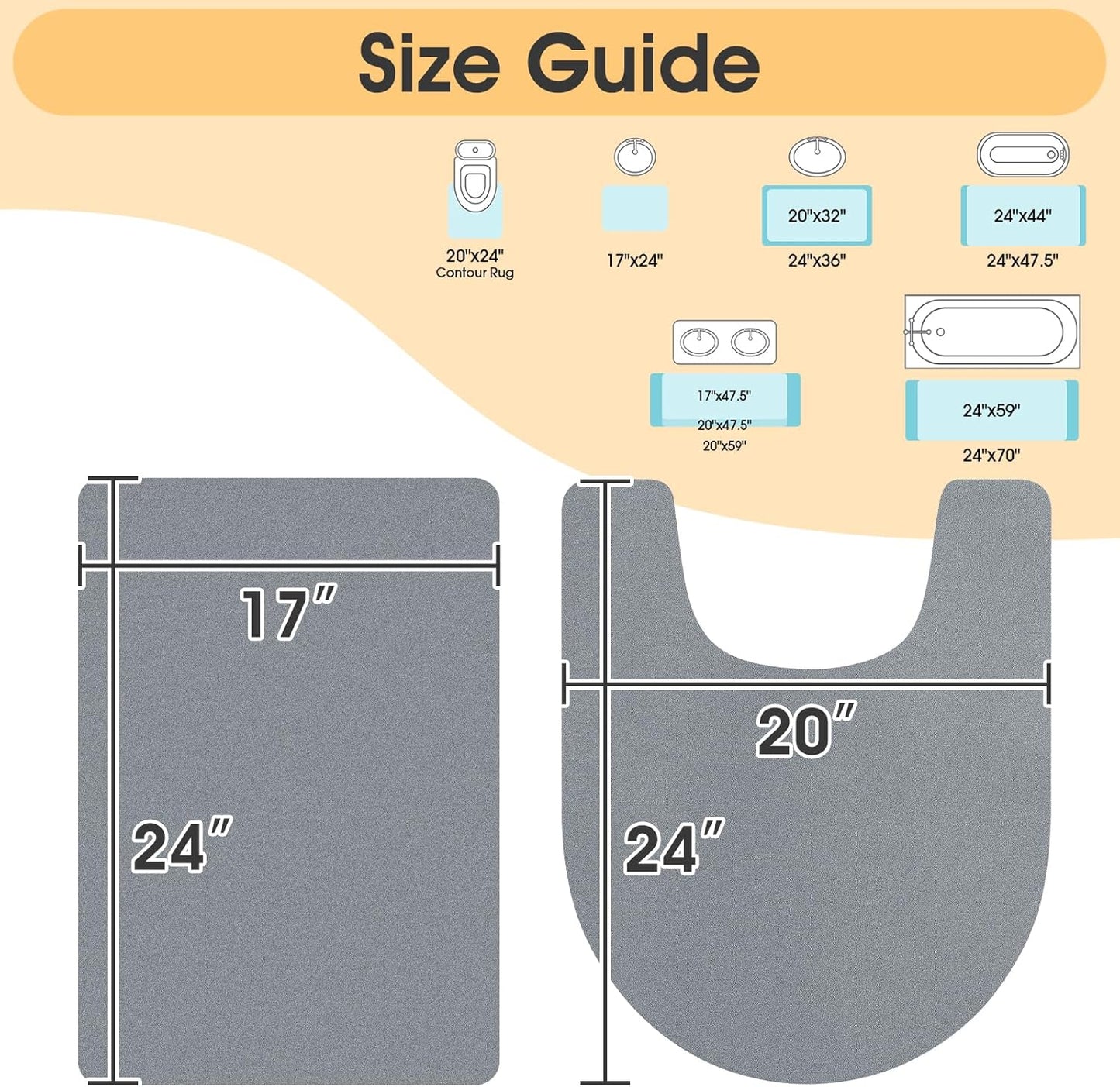 ACCUMTEK Non Slip Bath Mat, Thin Bathroom Rugs Fit Under Door, Quick Dry Bath Mats, Machine Washable Bath Rugs for Bathroom, Bathtub & Kitchen, Grey/Bordered/24 x17