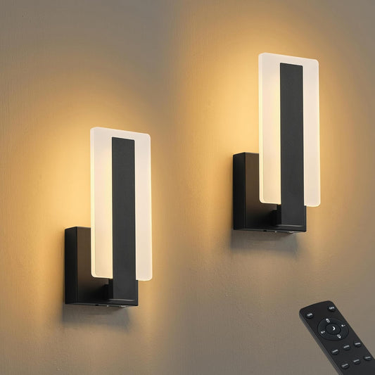 KARTOOSH Rechargeable Wireless Wall Sconces,Battery Operated Modern Wall Light Set of Two with Remote Control,Dimmable,3000K/4000K/6000K,Timer,Cordless Lighting for Hallway,Bedroom,Living Room Black