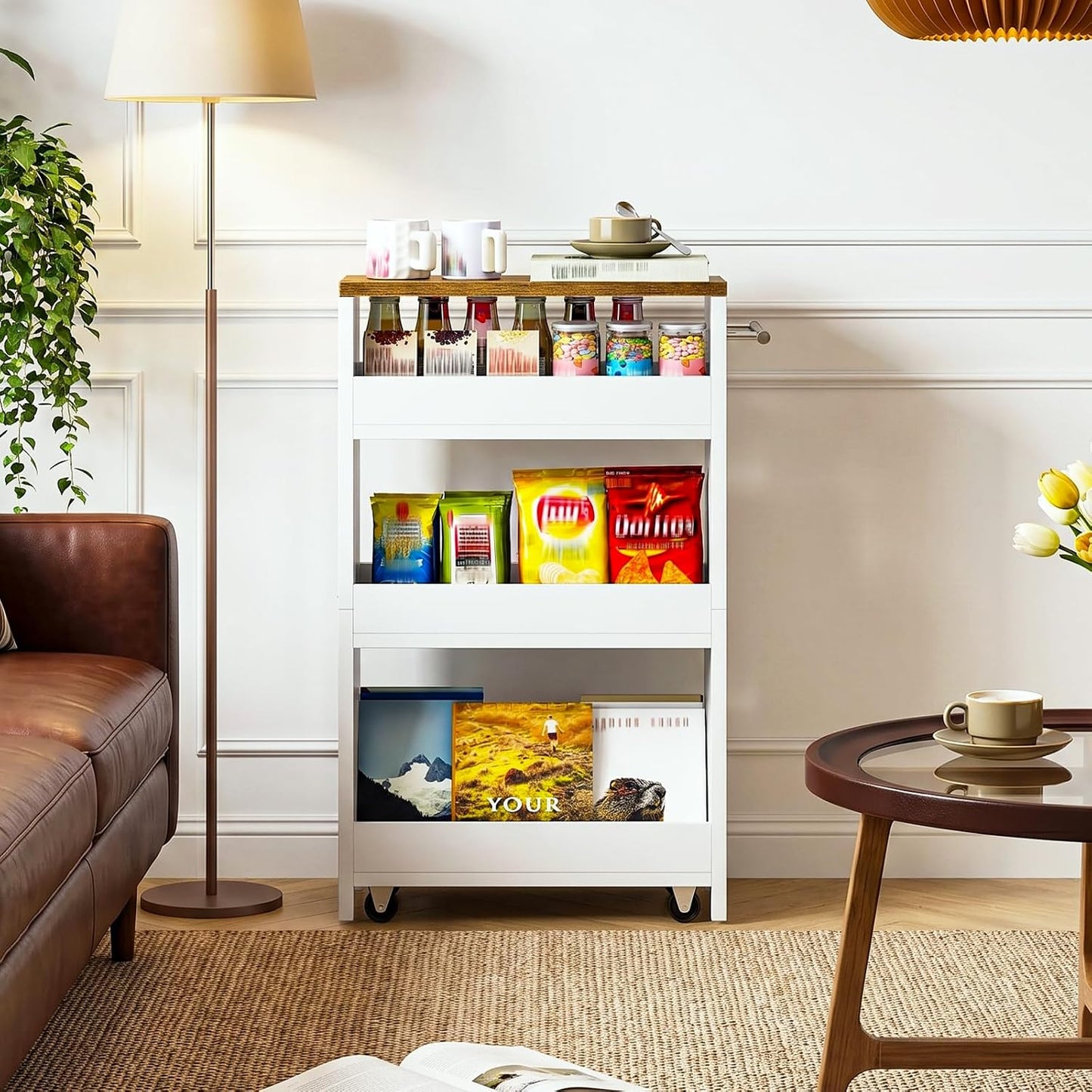 CHOEZON Slim Storage Cart, Slim Storage Rack on Wheels, Rolling Trolley with Handle, Storage Organizer, for Kitchen, Dining Room, Living Room, Laundry Room, White and Walnut MTC01WL