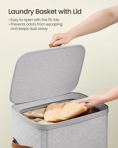 SONGMICS Laundry Basket, 50.2 Gal. Laundry Hamper, 3 Compartments, Easy Assembly, with Lid and Handles, Removable Liners, 25.2 x 15.7 x 29.5 Inches, Cappuccino Beige ULCB814LH01