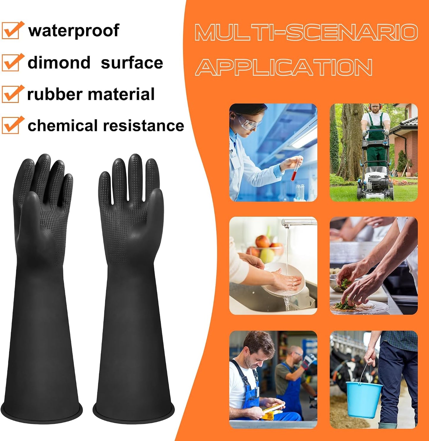 24" Chemical Resistant Glove, Reusable Heavy Duty Long Rubber Gloves, Long Waterproof Dishwashing Gloves, Industrial Safety Gloves for Men