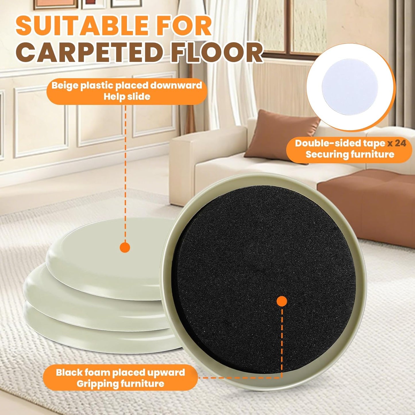 Furniture Sliders for Carpet 8PCS, Heavy Duty Furniture Movers Pads 3 1/2", Chair Leg Floor Protectors, Reusable Furniture Moving Sliders for Easy Glide
