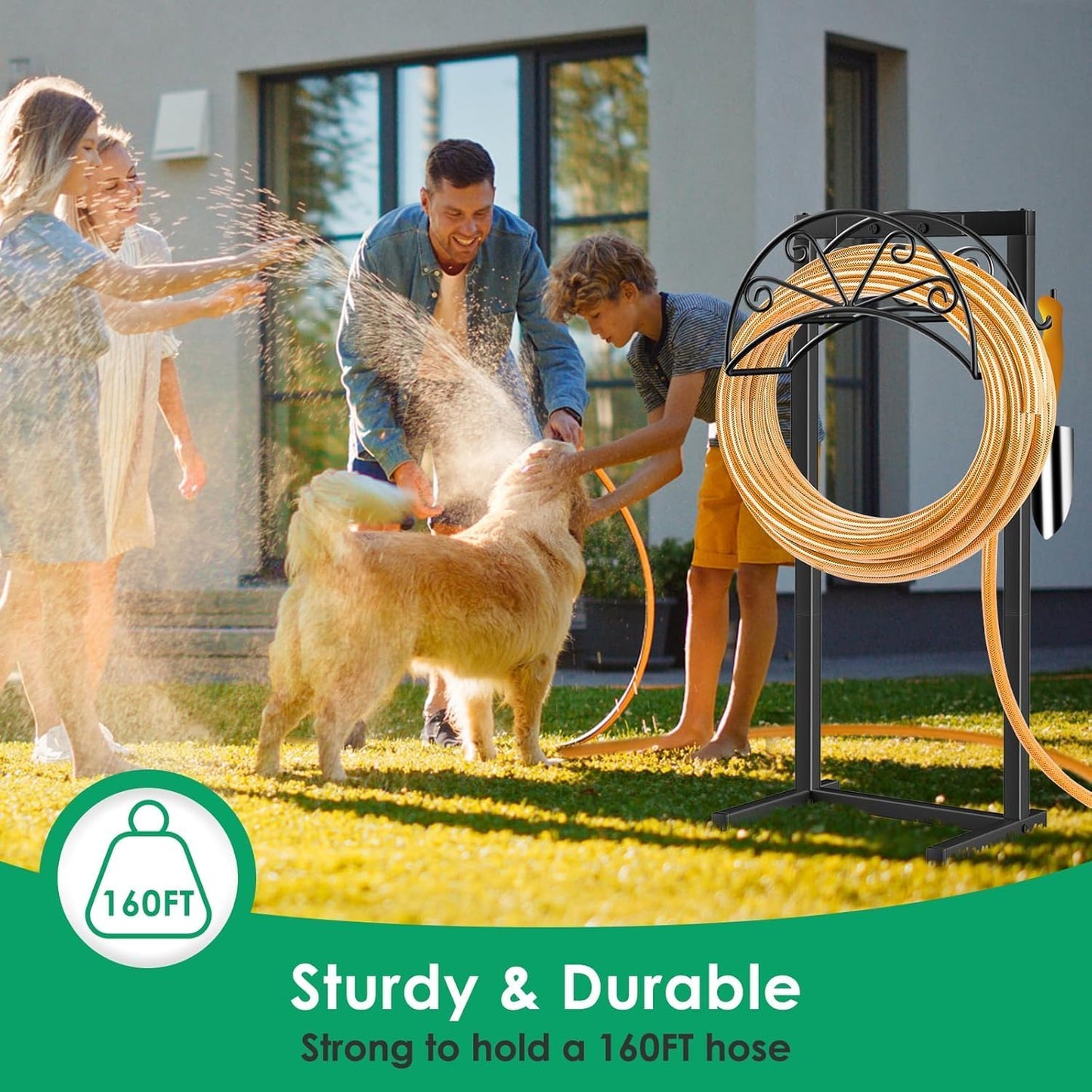 TomCare Garden Hose Holder Heavy Duty Water Hose Holder Holds 160 FT Hoses 4 Spikes Hose Reel Freestanding Hose Hanger Sturdy Hose Storage Stand for Outside Yard Lawn