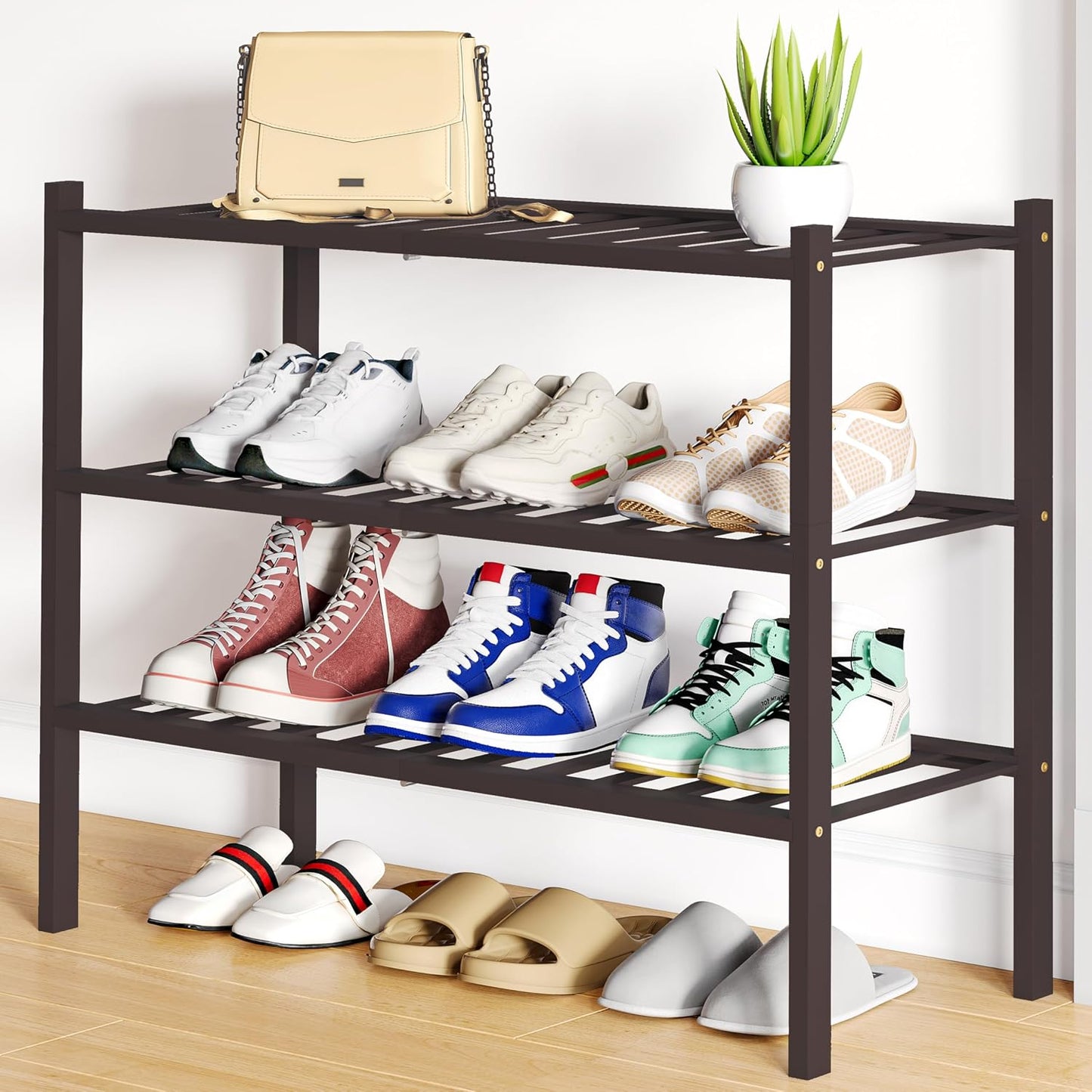 Smiry Bamboo Shoe Rack, 3 Tier Free Standing Wooden Shoe Organizer, Stackable Wood Shoe Storage Shelf for Closet, Entryway, 12 Vertical Slats, 2+1 Stack Standard Legs, 26.8"x11"x19.5", Natural