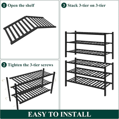 Smiry Bamboo Shoe Rack for Closet, 3 Tier Wooden Shoe Organizer, Stackable Wood Shoe Storage Shelf for Entryway, 14 Vertical Slats, One-piece Heavy-Duty Legs, 26.77"x11.02"x18.31", Natural