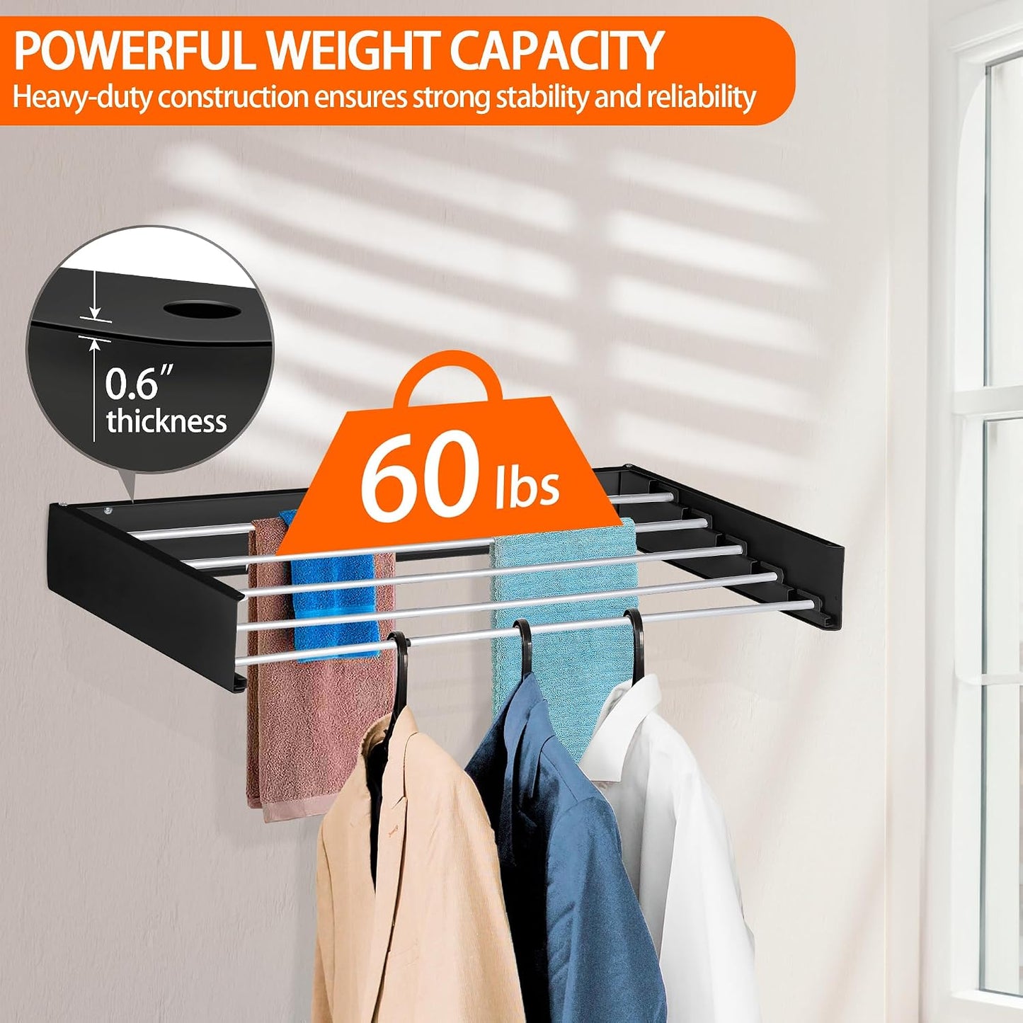 FOCHIER F Laundry Drying Rack Wall Mounted Clothes Drying Rack Collapsible with 5 Aluminum Rods and Drilling Template Long Screwdriver Bit 60 lbs Capacity (White, 31.5")