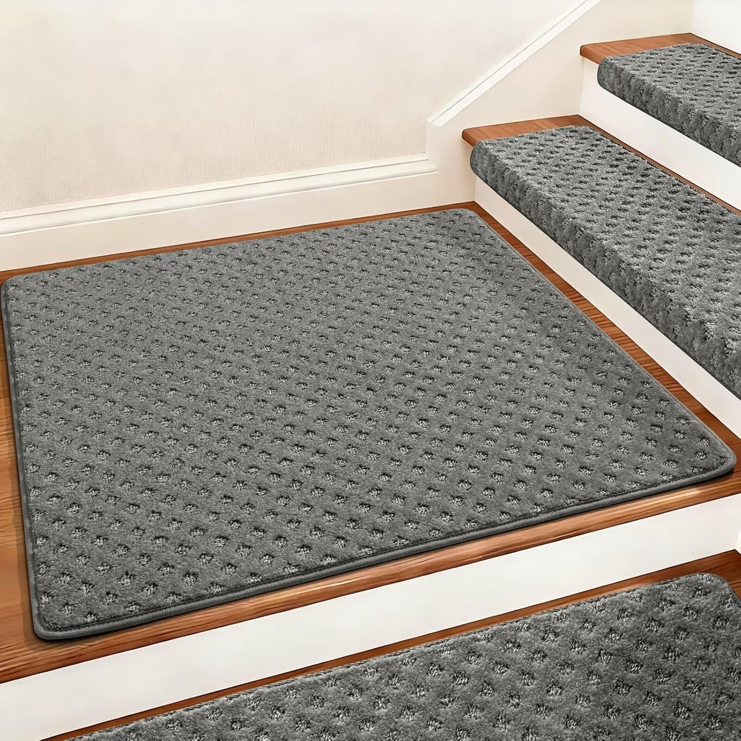 DEXDE Bullnose Stair Treads for Wooden Steps Non-Slip Stair Runner, 14 Pcs | Reusable bullnose carpet Stair Treads Indoor, Peel and Stick Stair Rugs with Edge Protection, Soft Washable, 30"x9.5" Grey