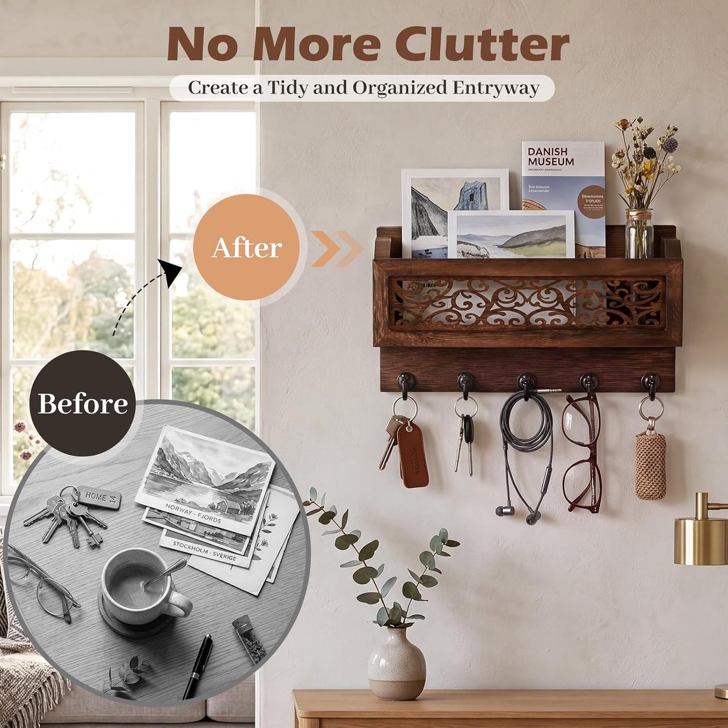 Novabright Mail and Key Holder for Wall Decorative Wall-Mounted Carved Wooden Mail Organizer with 5 Sturdy Key Hooks Rustic Home Decor for Entryway Hallway Office Farmhouse