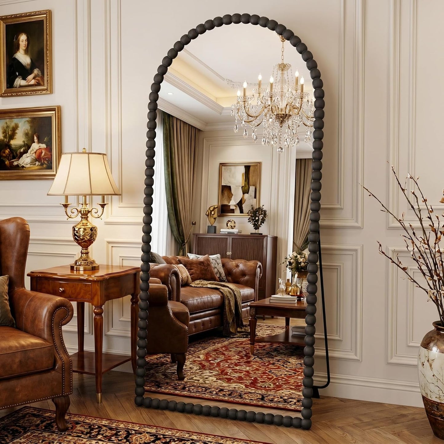 Antok 58" x 21" Arched Full Length Mirror, Antique Beaded Frame Floor Standing or Wall Mounted Mirror with Stand for Bedroom, Entryway, Brown, Luxury Style