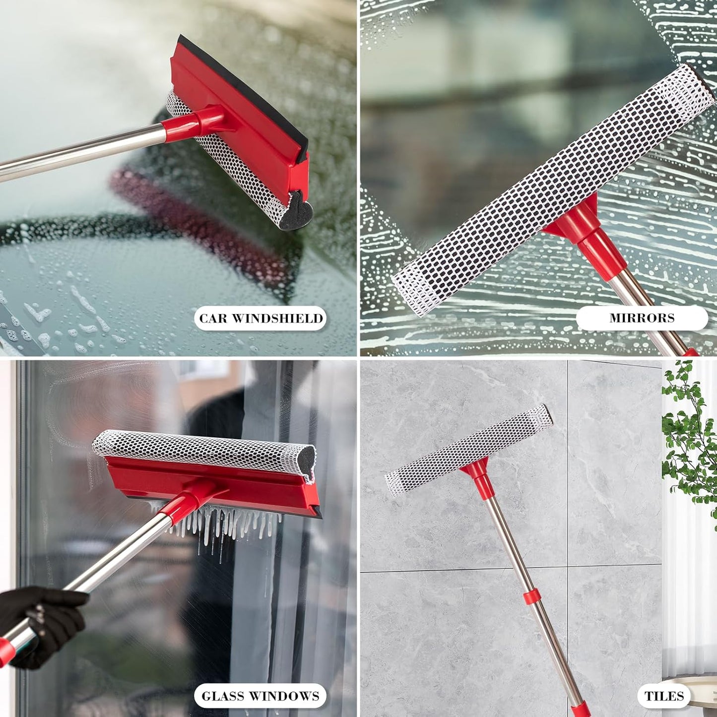 Professional Standard Window Squeegee,2-in-1 Window Cleaner Sponge and Soft Rubber Strip with Retractable Stainless Steel Handle(15.3"-23.6") for Gas Station, Glass,Shower,Outdoor Window Cleaning
