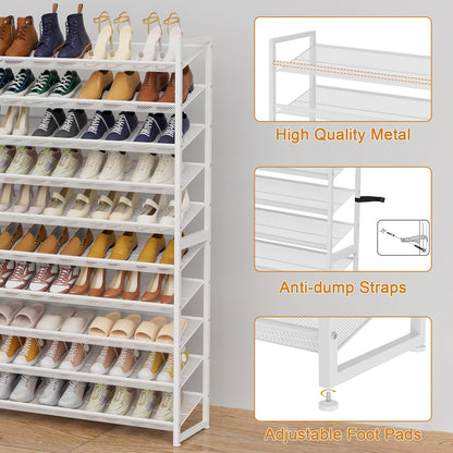 Large Shoe Rack 8 Tier Shoe Organizer, Heavy Duty Metal 4-Tier Stackable Shoe Storage Vertical Shoe Rack for Closet Front Door Entrance, Up to 50 Pairs, 44.8" W x 11.4" D x 56.7" H, Black