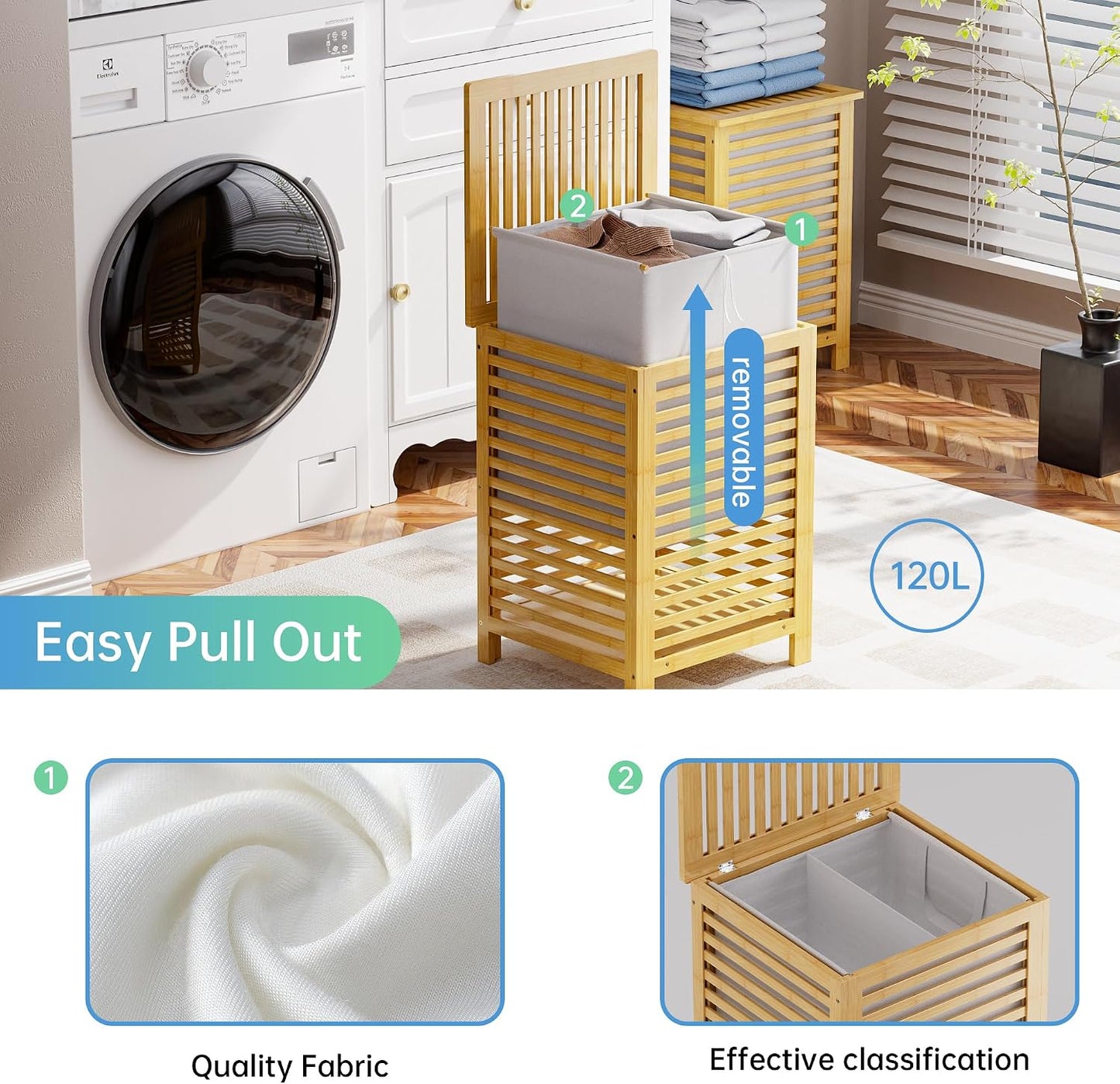 SMIBUY Double Laundry Hamper with Lid, 120L Bamboo Laundry Basket with Removable Liner Bag, 2-Section Clothes Divider Laundry Sorter for Laundry Room, Bathroom, Bedroom (Walnut)