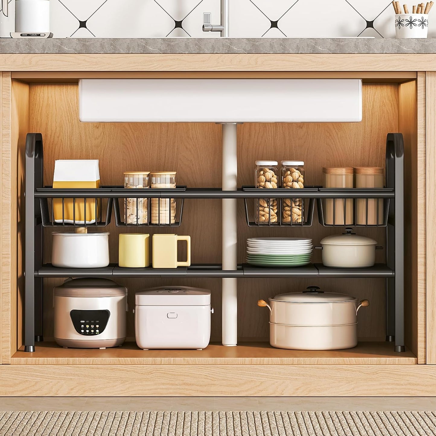 2 Tier Under Sink Organizer Expandable Length/Height Adjustable Heavy | Length/height adjustable fits any cabinet, 4 removable shelves/baskets, anti-wobble feet, for kitchen/bathroom/laundry