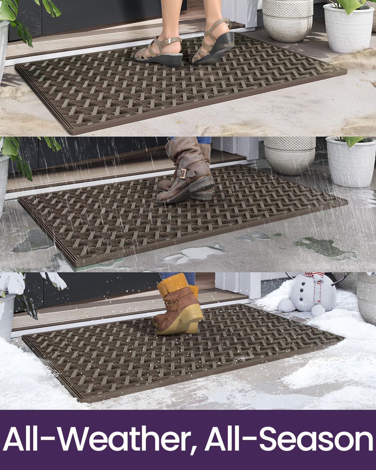 DEXI Front Door Mat Outside Entrance Rubber 19x30, Welcome Floor Doormat Heavy Duty Non Slip, Dirt Trapper Waterproof Exterior Entry Mats All Weather for Patio Entryway Drainage, Black