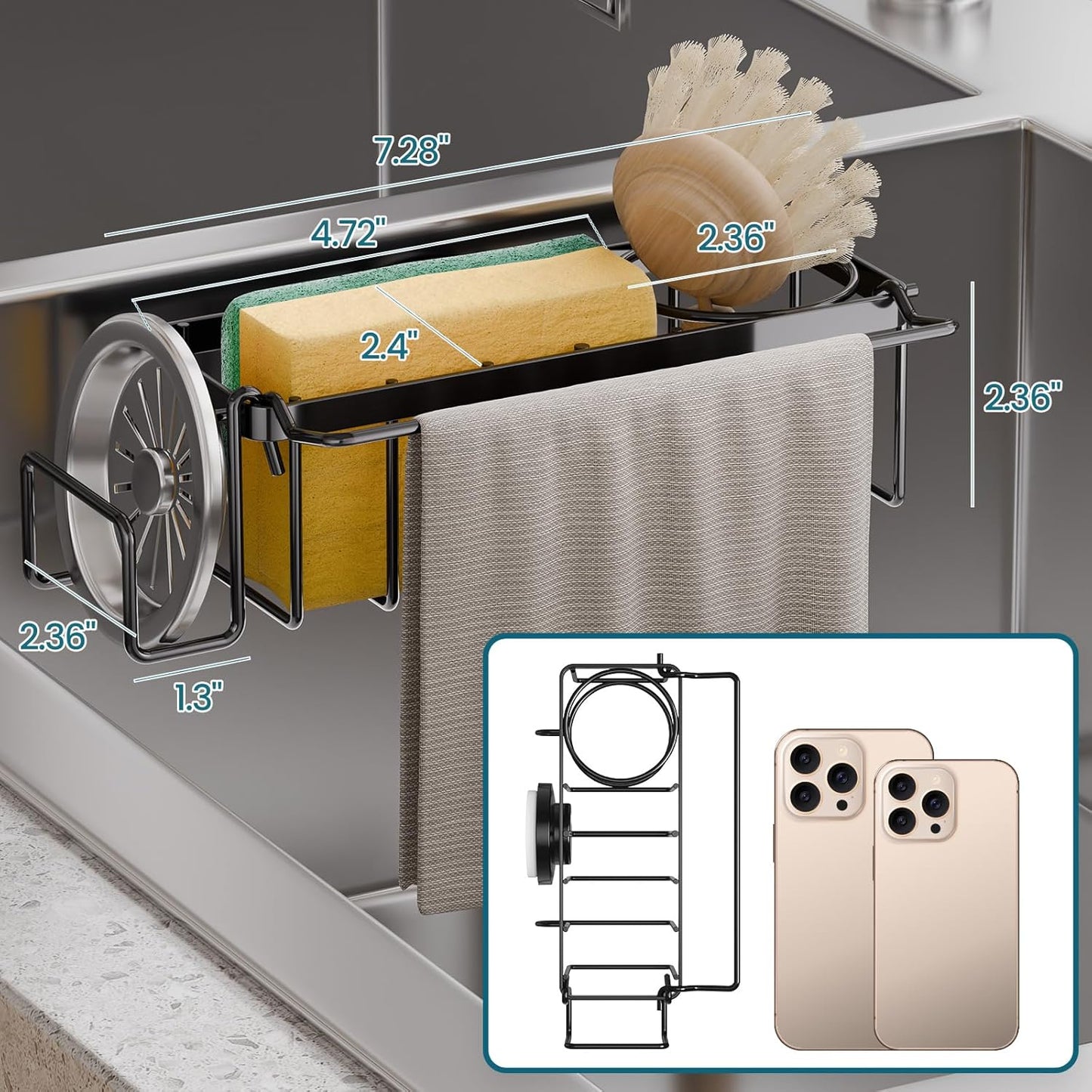 TAILI Sponge Holder with Strong Suction Cup, Dish Sponge Caddy Inside Sink Removable, Rustproof Aluminum for Sponges, Brushes, Stoppers and Scrapers - Black