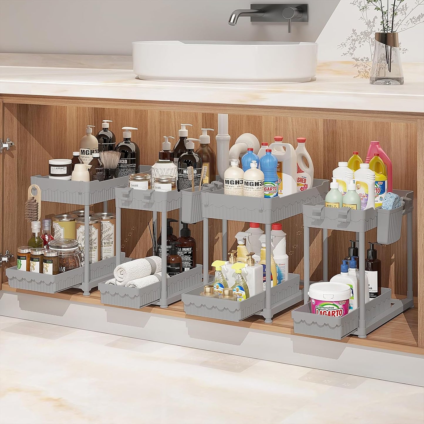 Sevenblue 4-Pack 2-Tier Under Sink Organizer with Pull Out Drawers | Multi-use kitchen & bathroom storage. Includes hanging hooks and cups. Black, space-saving cabinet design.