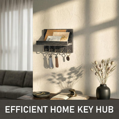 Rebee Vision Decorative Key Holder Wall Mount - Rustic Key Holder for Wall with Shelf and Mail Organizer for Living Room Decor - Home Essentials for Home Improvement (Brown, 3.54" x 10" x 7.28")
