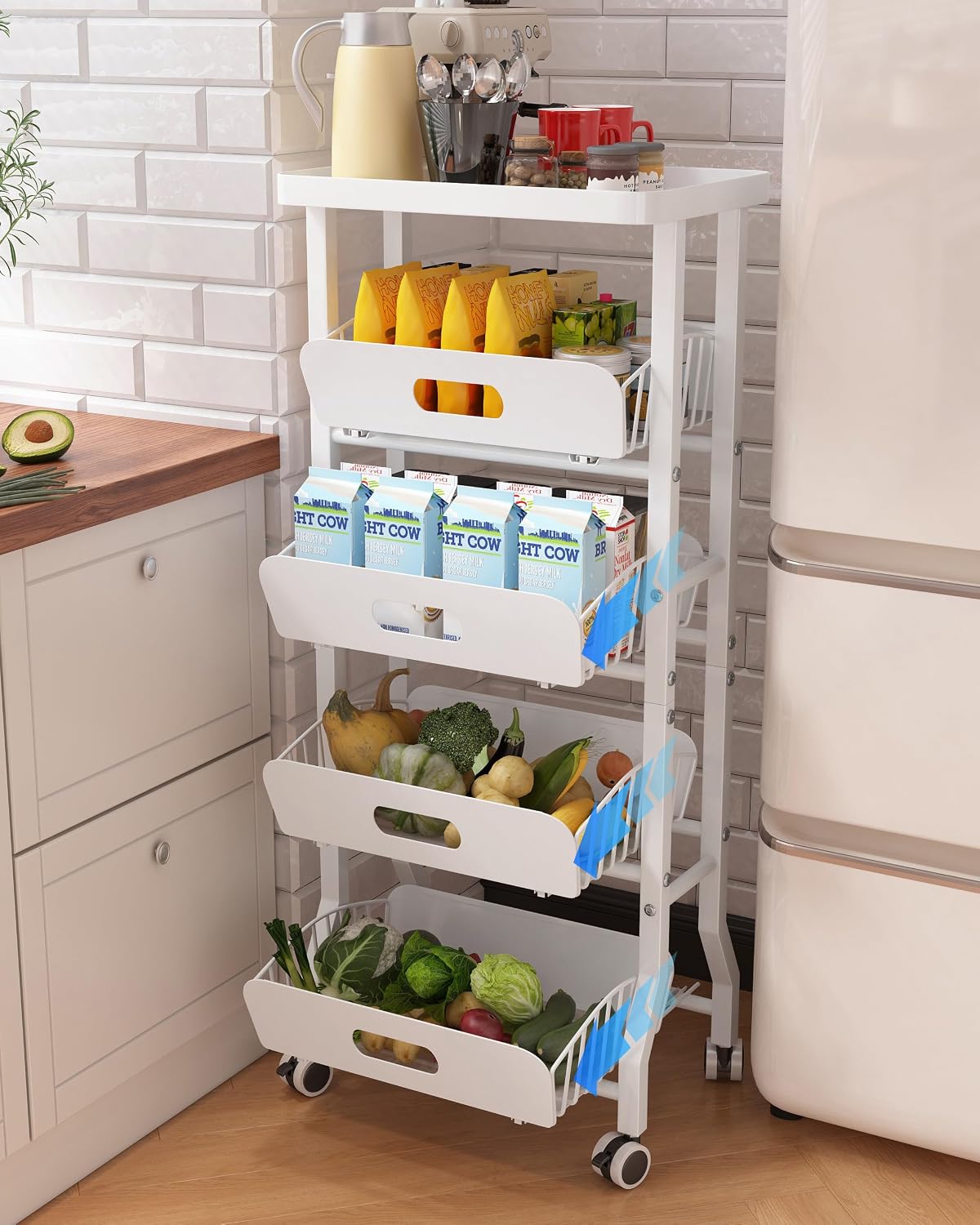 4 Tier Slim Fridge Side Cart with Slide Track Pull Out Baskets, Rolling Metal Kitchen Gap Storage Trolley