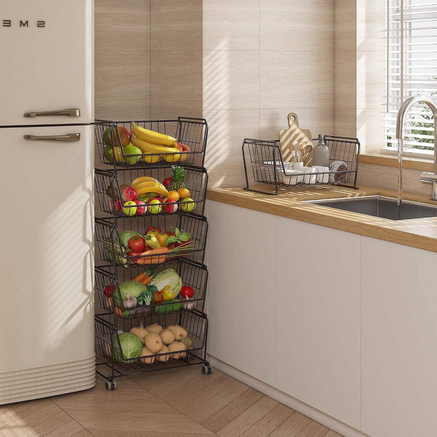 PUSDON 6-Tier Tall Stackable Wire Storage Baskets with Wheels, Vertical Metal Rolling Utility Cart, High Capacity Produce Basket for Kitchen Pantry, Snack Organizer, Matte Black