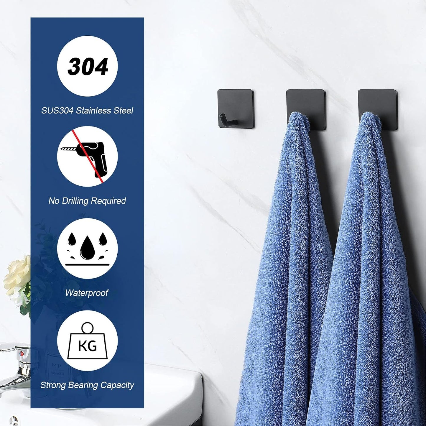 NearMoon Adhesive Hooks- Heavy Duty Bath Wall Hooks Waterproof Stainless Steel Towel Hangers Stick on Wall Clothes Holders for Bathroom Kitchen Home, 5 Pack (Brushed Nickel)