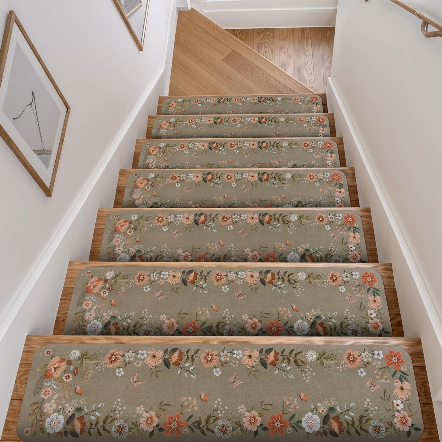 OJIA Floral Stair Treads Non-Slip Carpet Stair Treads for Wooden Steps Indoor 15PCS 30"x8" Stair Runner Stair Mats Staircase Step Treads for Kids, Elders and Dogs, Stair Covers, Black