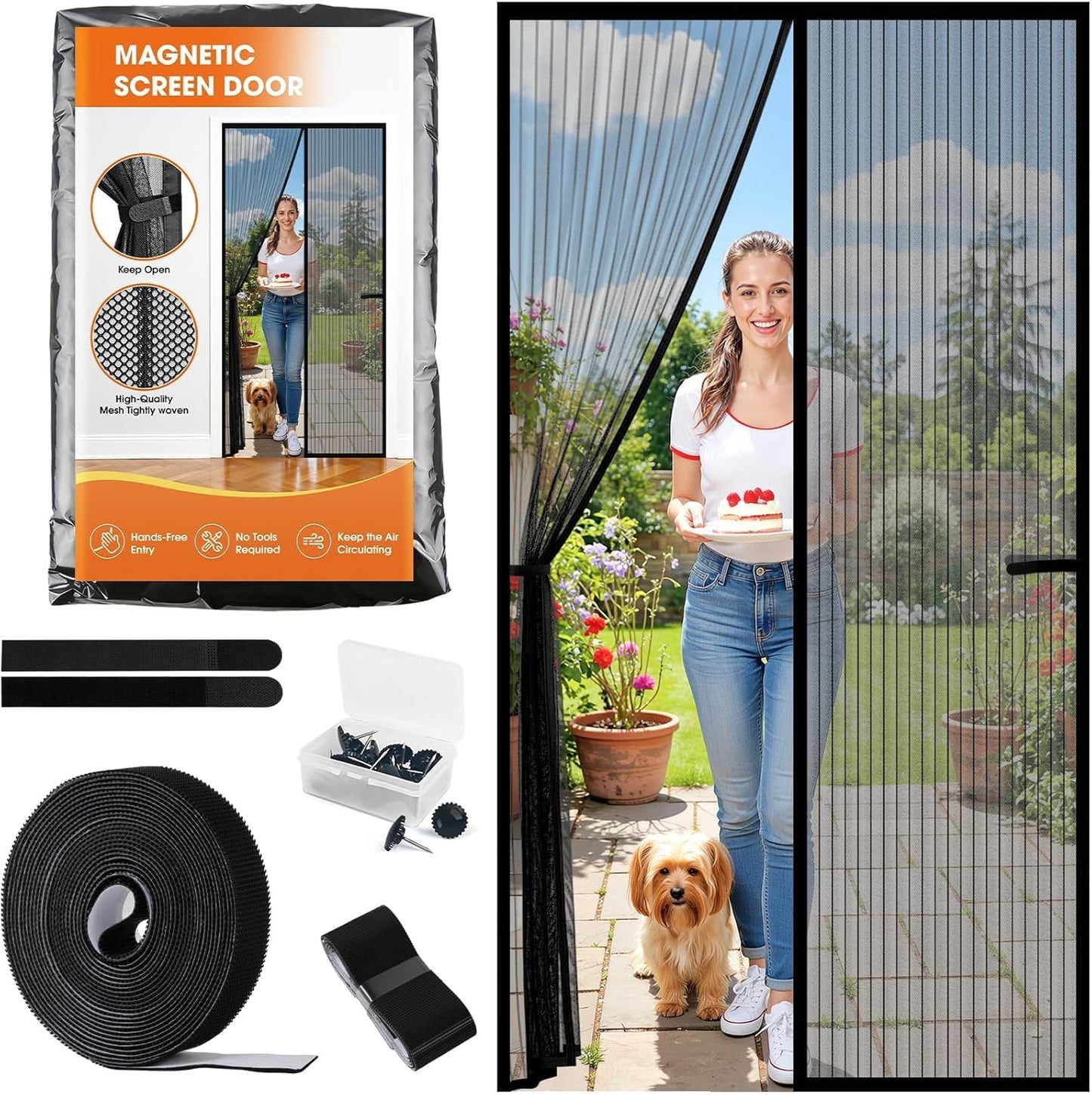 Magnetic Screen Door, Screen Door Mesh, Heavy-Duty Mesh Curtain, Door Net Keep Bugs Out, Hands Free Partition, Screen Size 38” × 83”, Fits 36” × 82” Doors, Pet & Kid Friendly, Black