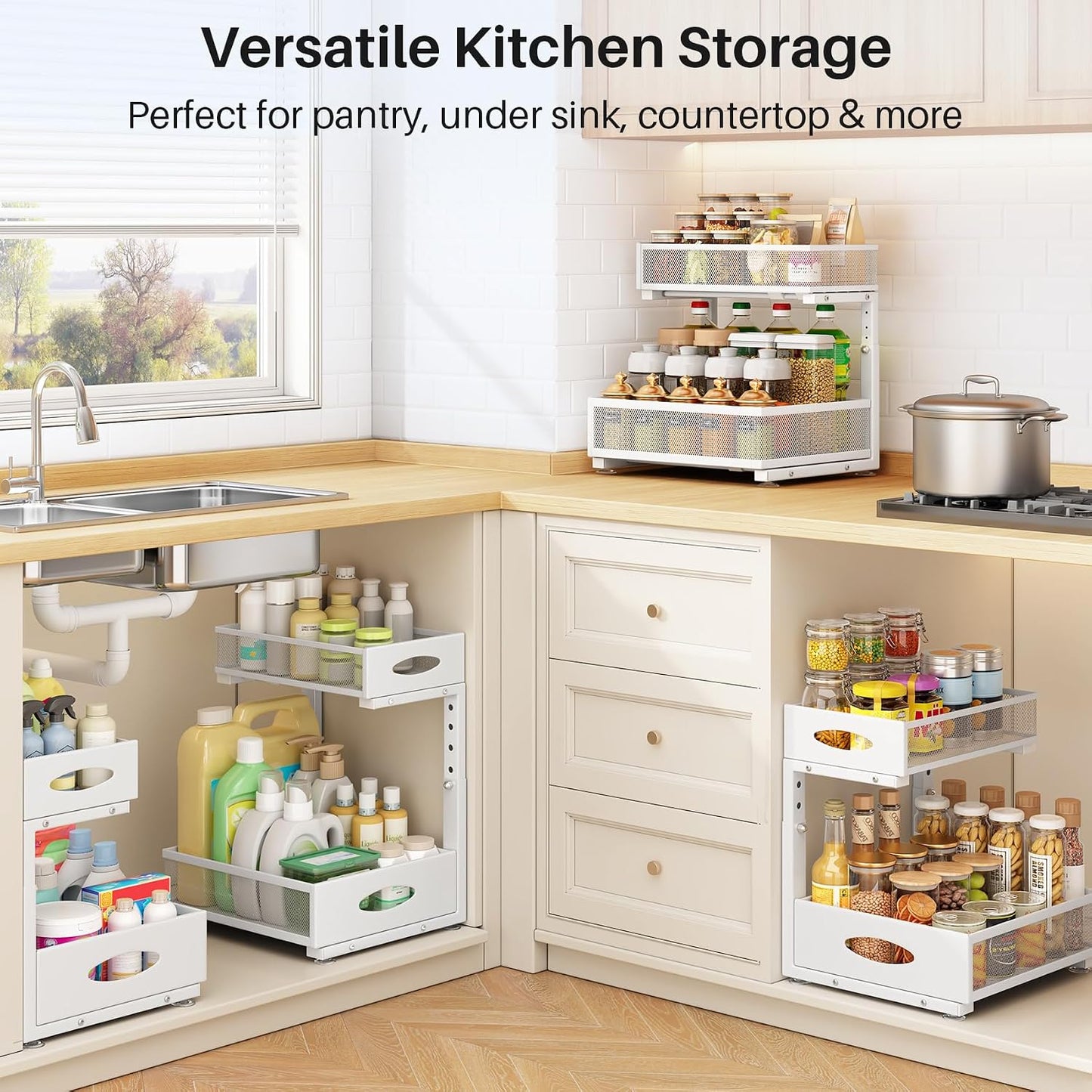 Under Sink Organizer, 2 Pack 2 Tier Pull Out Under Cabinet Organizer Shelf with Pad for Framed Cabinets, Metal Slide Out Under Sink Storage, Mesh Sliding Drawers for Kitchen Bathroom Laundry, Black