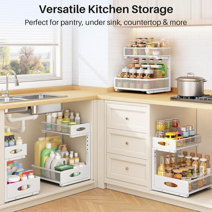 Under Sink Organizer, 2 Pack 2 Tier Pull Out Under Cabinet Organizer Shelf with Pad for Framed Cabinets, Metal Slide Out Under Sink Storage, Mesh Sliding Drawers for Kitchen Bathroom Laundry, Black