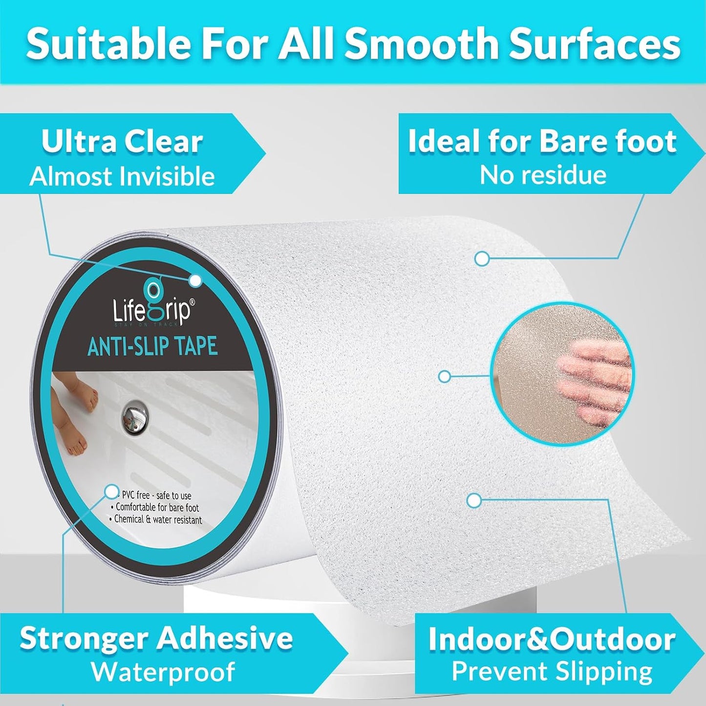 Lifegrip Anti Slip Tape, 4 Inch x 15 Foot Non-Slip Traction Grip Tape for Stairs, Waterproof Stair Treads Grip Non Slip, Non Skid Tape for Steps, Outdoor Black Grip Tape (4" X 15')