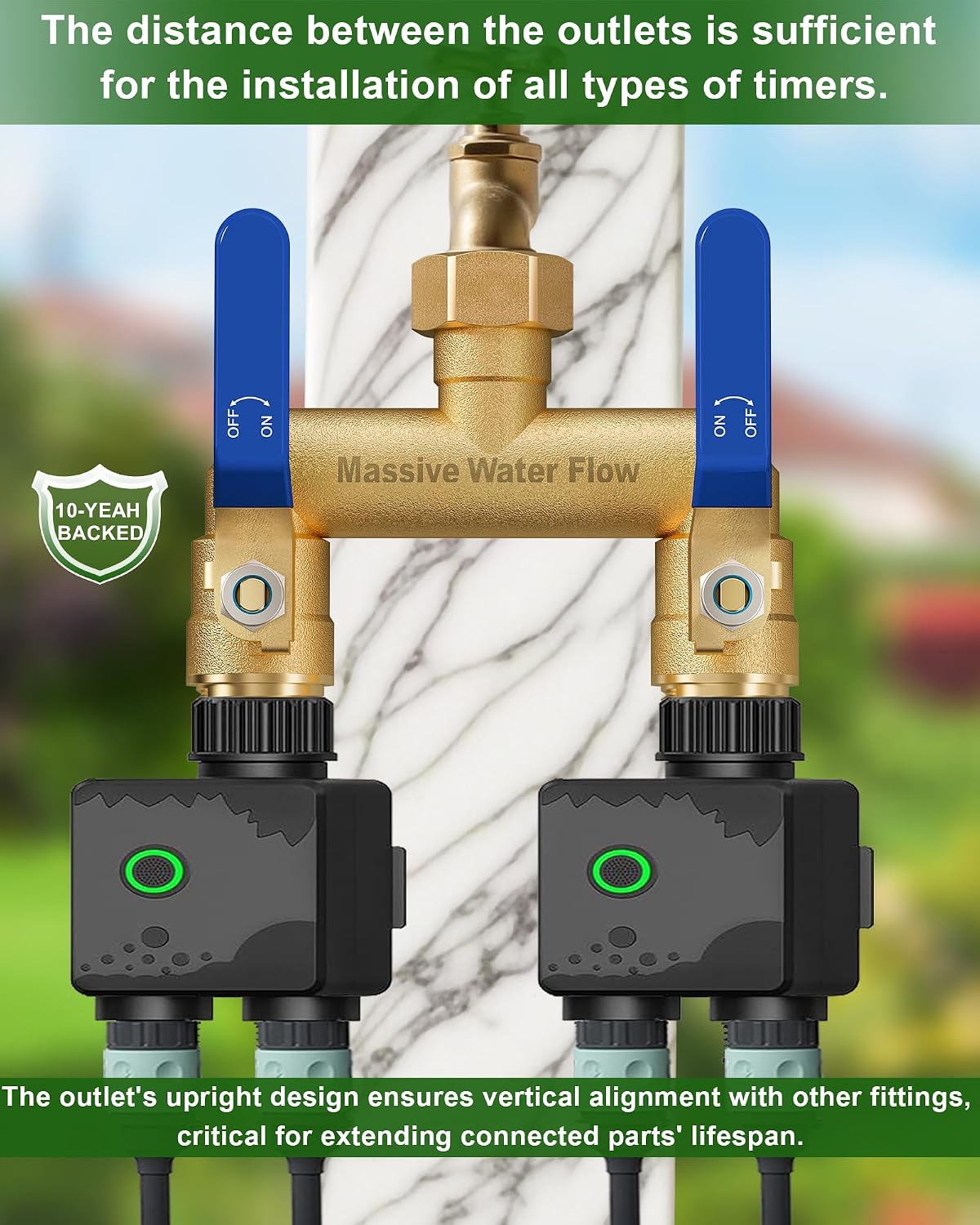 Hose Splitter 2 Way Heavy Duty, Full Flow Garden Hose Splitter with 2 Long Metal Handles, Brass Rust and Freeze Resistant Water Hose Bib Splitter, T Adapter Connector with 3/4 - Inch GHT Thread（Red）