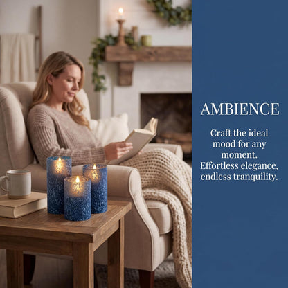 Blue Flameless Candles with Remote, Real Wax Glass Battery Operated Candles with Timer, LED Pillar Candle for Bedroom Home Wedding Birthday Party Fall Halloween Christmas Decorations, Set of 3